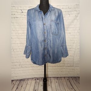 BELLA DAHL BUTTON DOWN TENCEL DENIM 3/4 SLEEVE SHIRT, MEDIUM